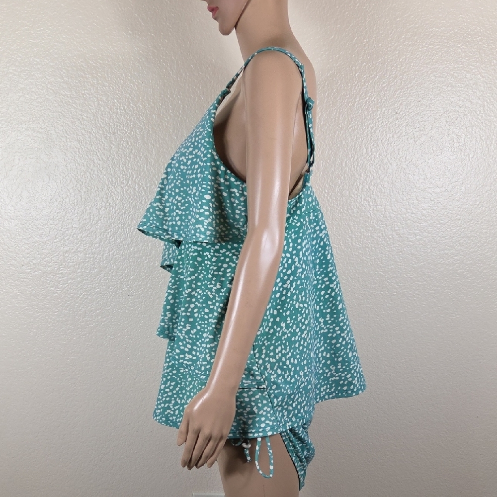 Cacique Teal & Cream Ruffled Tankini & High Wiasted Swim Suit - Picture 7 of 10